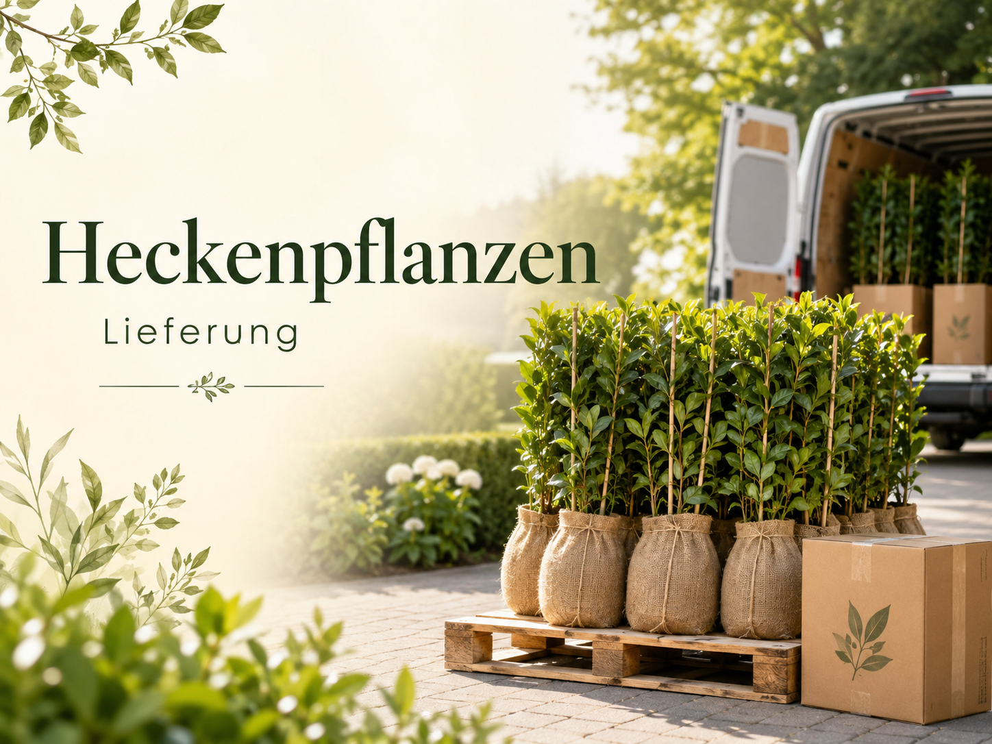 Heckenpflanzen auf einer Palette im Sonnenlicht vor dem Grundstück