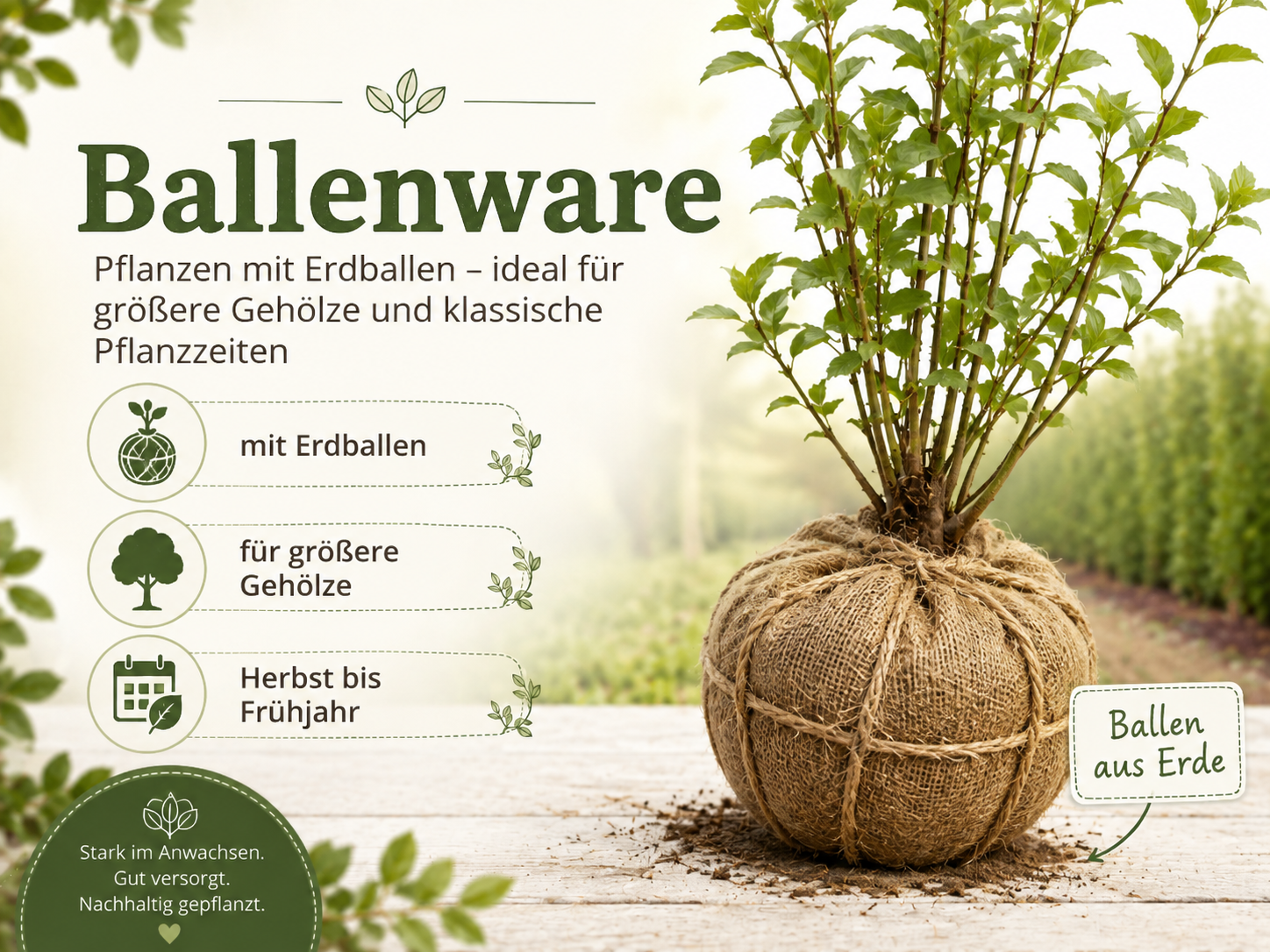 Ballenware mit Erdballen im Jutetuch – Gehölze für die Pflanzung im Herbst und Frühjahr