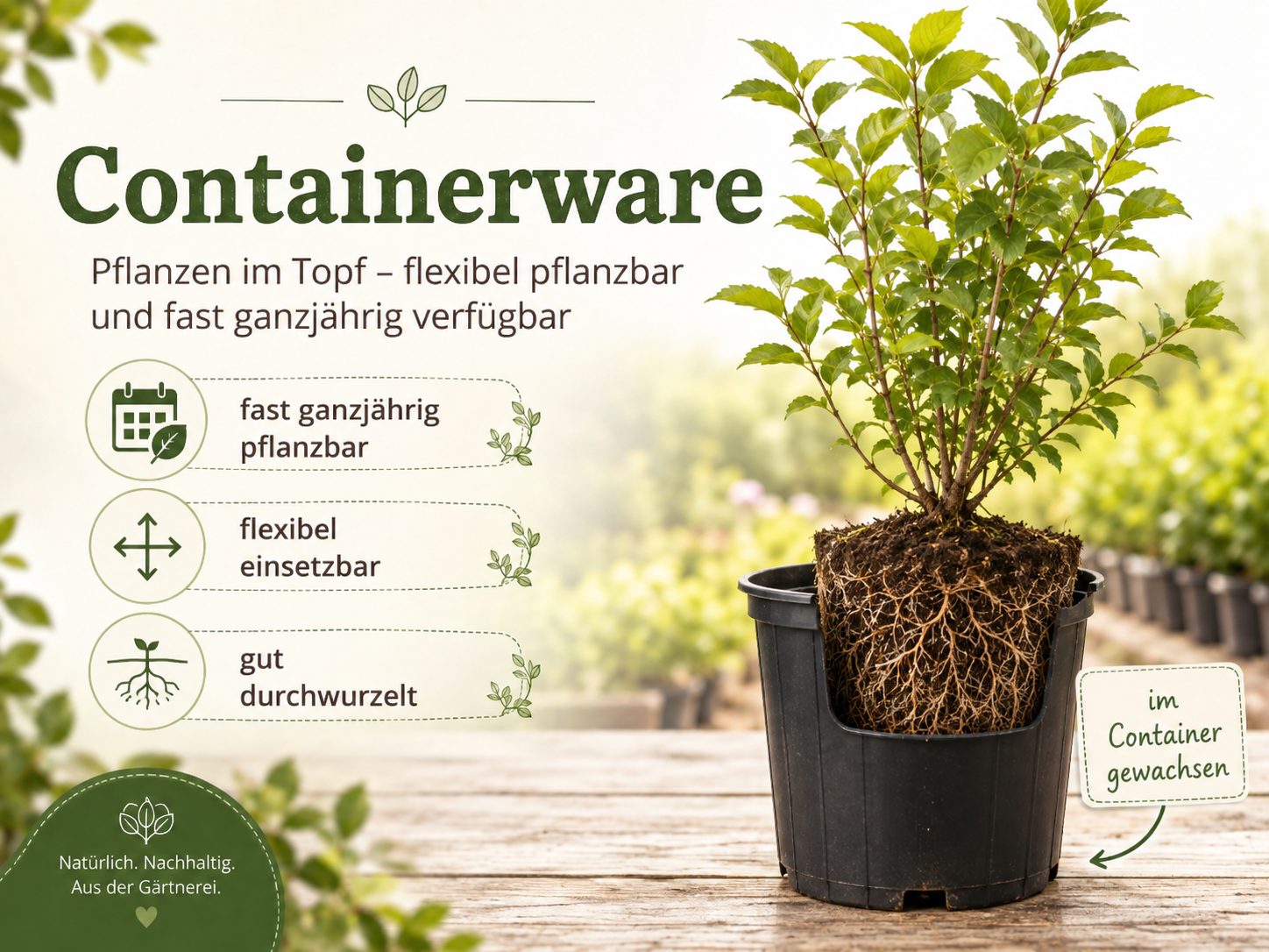 Containerware im Pflanztopf mit durchwurzeltem Ballen – Pflanzen fast ganzjährig pflanzbar