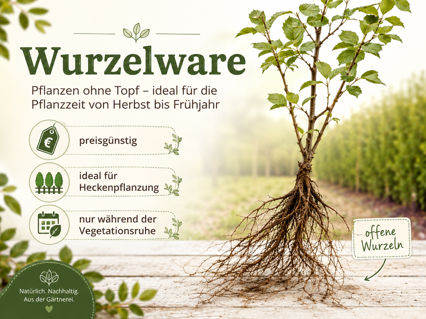 Wurzelware mit freiliegenden Wurzeln – wurzelnackte Pflanzen für die Pflanzung von Herbst bis Frühjahr